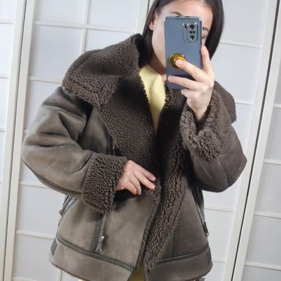 ZARA NEW WOMEN FAUX LEATHER SHEARLING DOUBLE-FACED BIKER JACKET GRAY 3548/243 XL - Picture 5 of 15